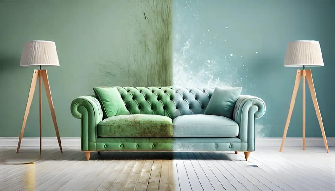 Profissional a limpar um sofá com equipamento de vapor profissional